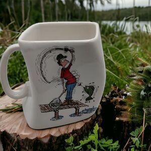 VTG 1992 Fly Fishing Cartoon Mug “The Results of Over Cast” Square Twist Ceramic